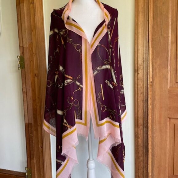 Talbots Mulberry Pink Printed Frayed Oblong Scarf Modal Equestrian Print - Picture 1 of 13